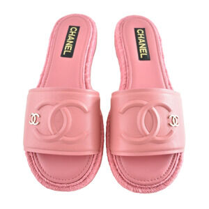 Chanel 23C Pink Lambskin Leather CC Logo Slide Sandal Slip Espadrille Flat 42